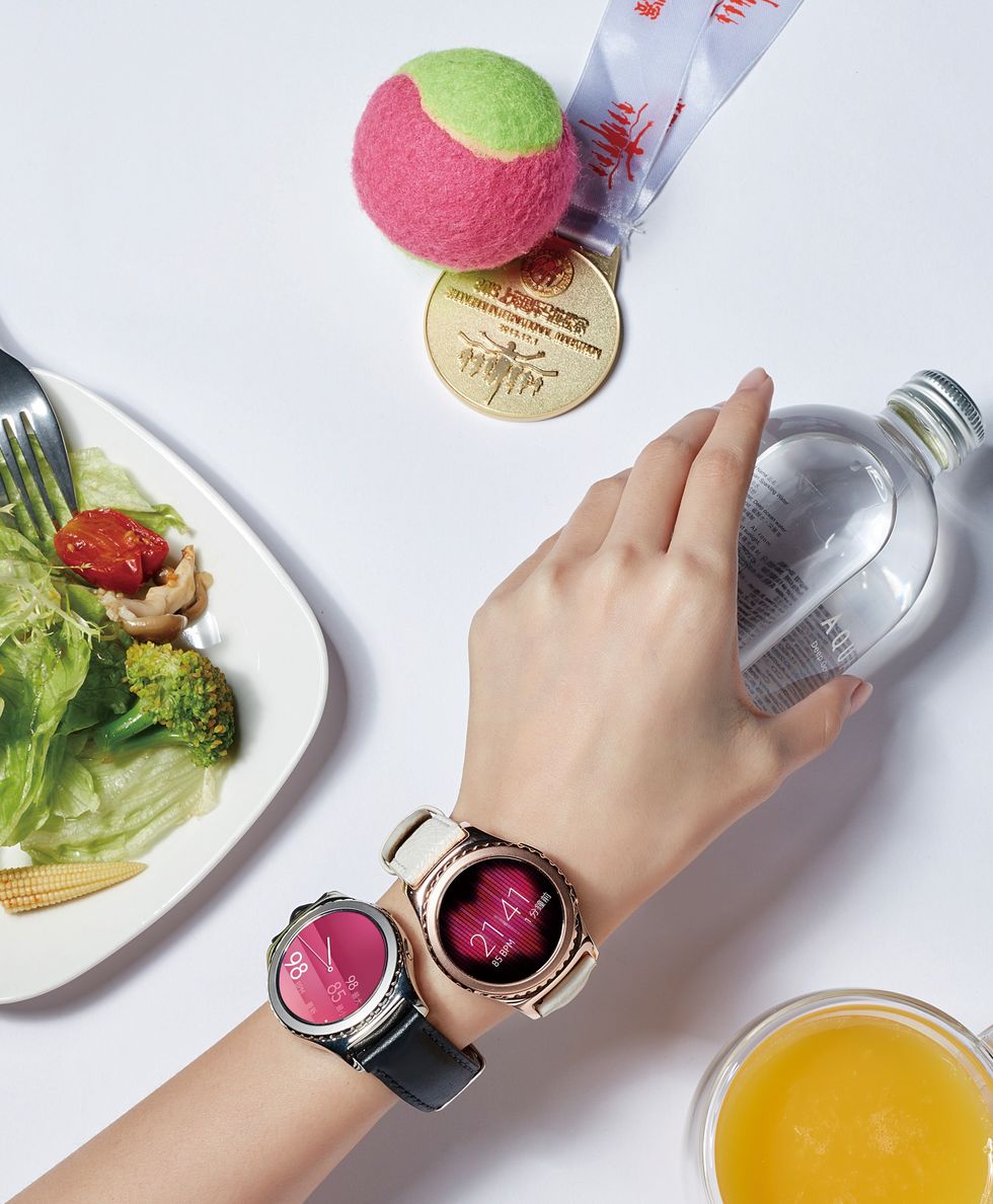Pink, Leaf vegetable, Watch, Fashion accessory, Magenta, Wrist, Vegetable, Kitchen utensil, Produce, Nail, 