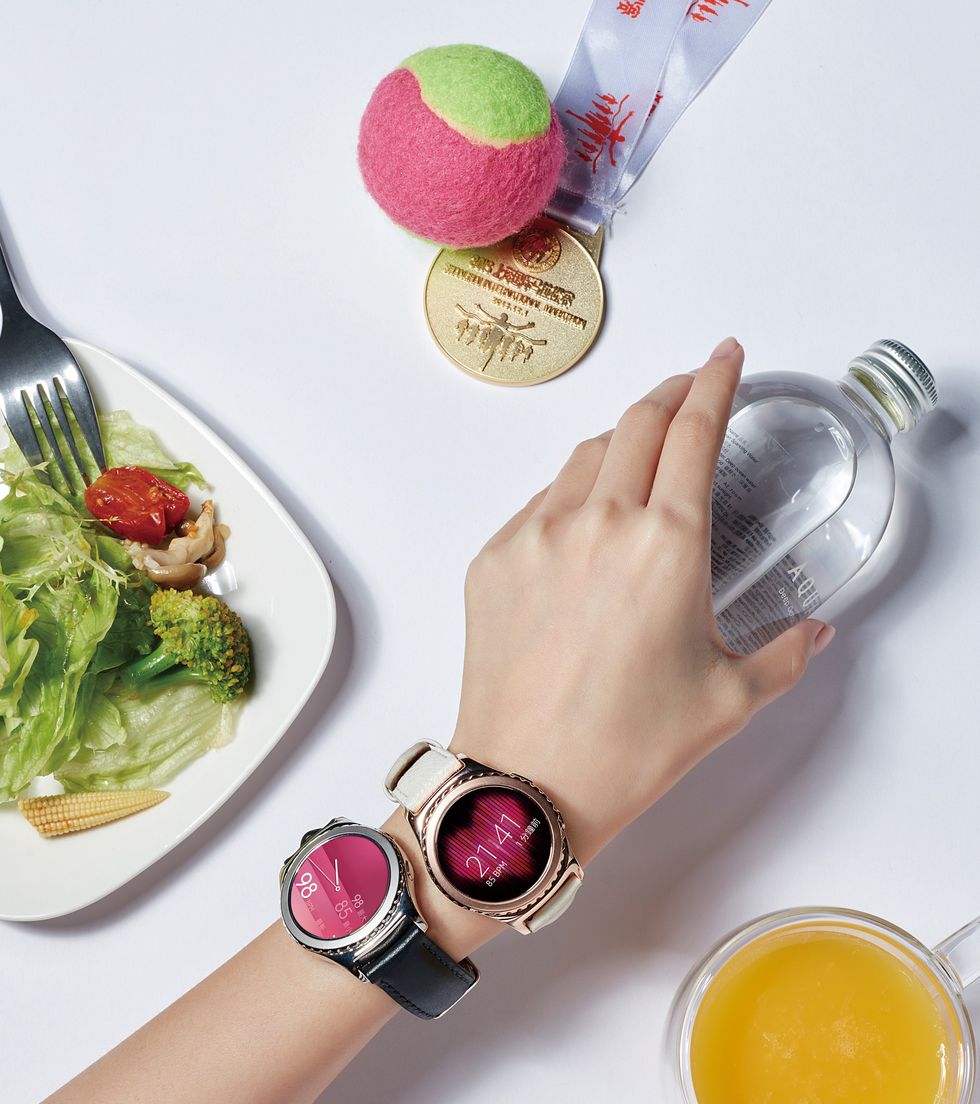 Pink, Leaf vegetable, Watch, Fashion accessory, Magenta, Wrist, Vegetable, Kitchen utensil, Produce, Nail, 