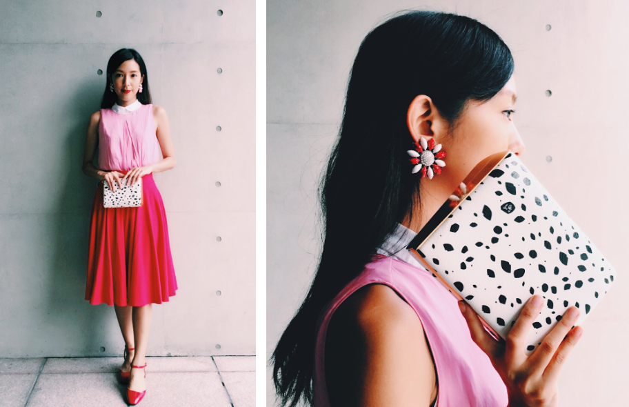 Clothing, Hairstyle, Shoulder, Earrings, Pink, Style, Black hair, Pattern, Beauty, Fashion accessory, 