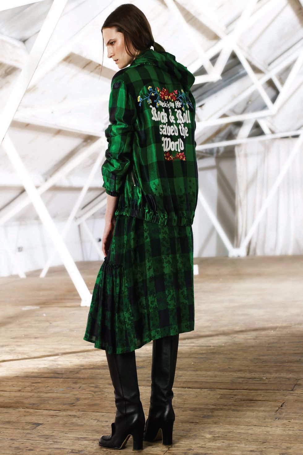 Clothing, Green, Sleeve, Winter, Textile, Shoe, Style, Pattern, Plaid, Fashion show, 