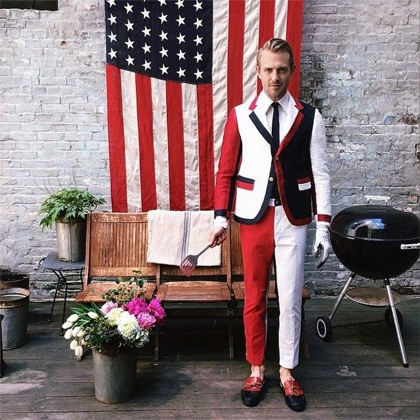 Flowerpot, Flag, Dress shirt, Collar, Flag of the united states, Blazer, Suit trousers, Houseplant, Tie, Barbecue grill, 