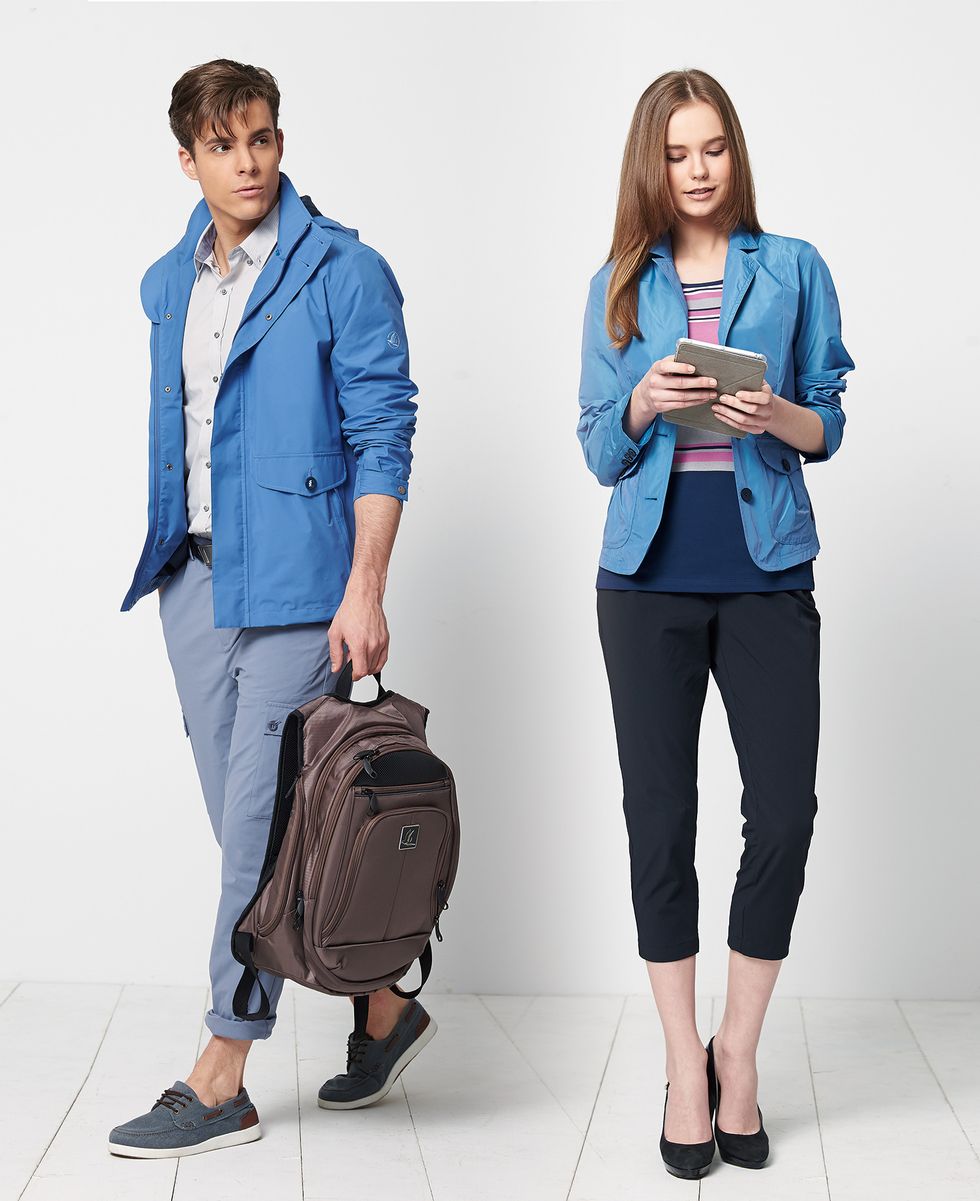 Clothing, Product, Blue, Brown, Sleeve, Trousers, Collar, Shoulder, Textile, Bag, 