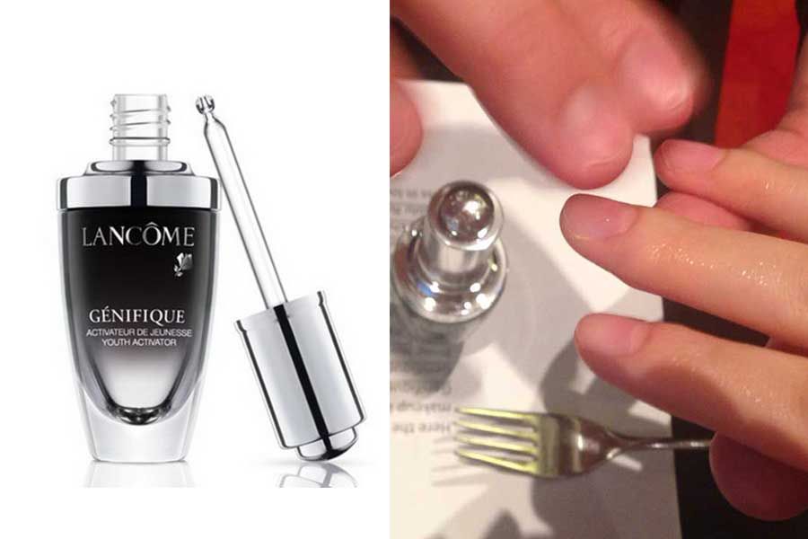 Finger, Fluid, Product, Liquid, Perfume, Nail, Light, Thumb, Transparent material, Silver, 