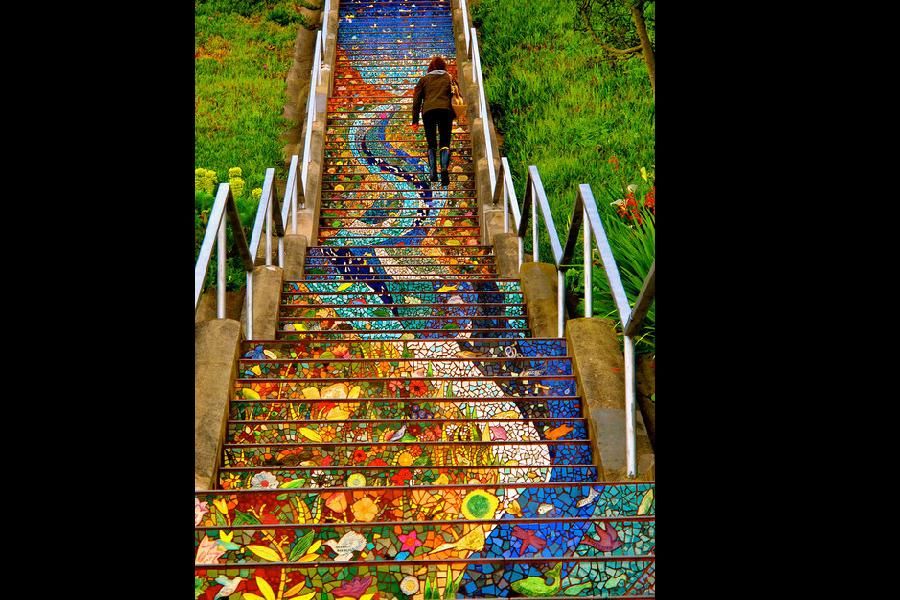 Nature, Colorfulness, Majorelle blue, World, Slope, Stairs, Symmetry, Paint, Painting, 