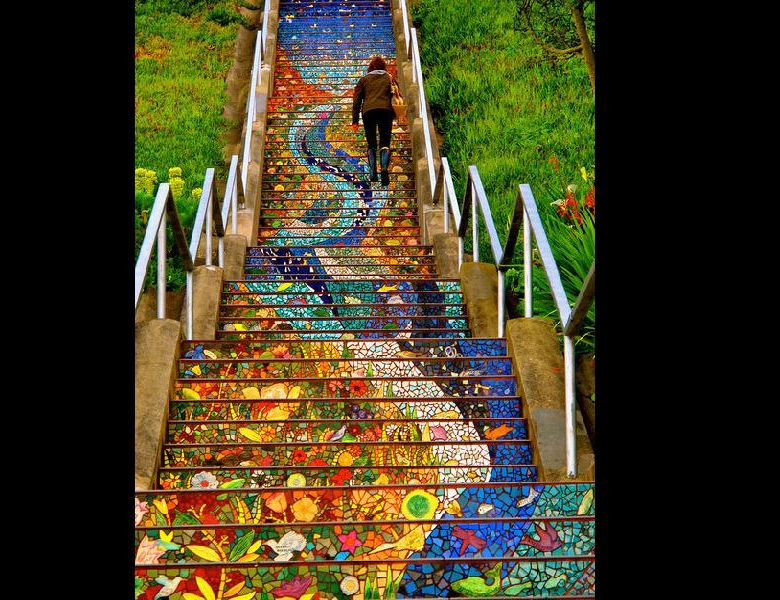 Nature, Colorfulness, Majorelle blue, World, Slope, Stairs, Symmetry, Paint, Painting, 
