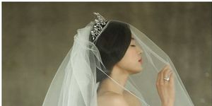 Bridal veil, Bridal clothing, Veil, Sleeve, Dress, Shoulder, Bridal accessory, Photograph, Bride, Joint, 