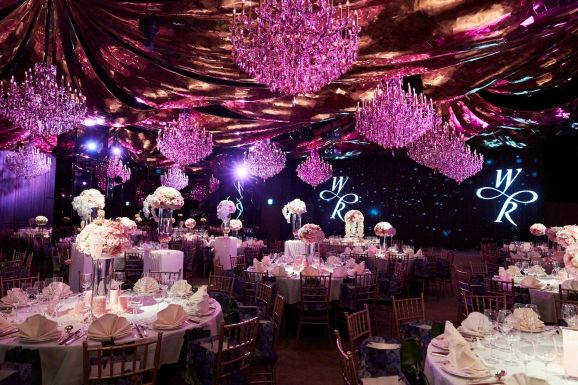 Lighting, Event, Decoration, Tablecloth, Purple, Function hall, Pink, Violet, Furniture, Magenta, 