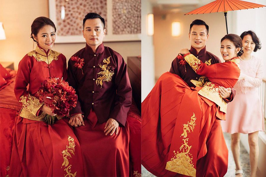 安以軒與陳榮煉迎娶儀式中穿上兩人親自設計的大紅色中式禮服，畫面看起來完全甜蜜！
