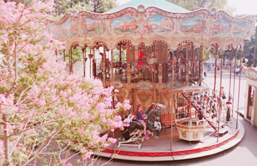 Pink, Carousel, Petal, Amusement ride, Amusement park, Blossom, Spring, Park, Peach, Nonbuilding structure, 