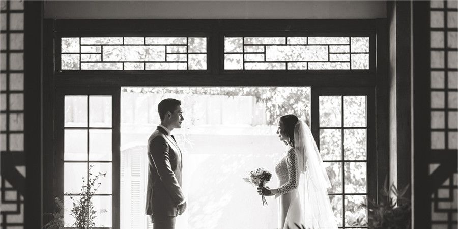 Photograph, Snapshot, Black-and-white, Ceremony, Wedding, Photography, Dress, Monochrome, Bride, Window, 
