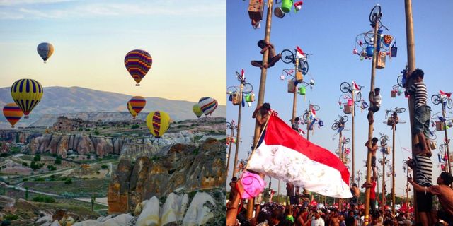 Sky, Hot air ballooning, Balloon, Crowd, Aerostat, Hot air balloon, Flag, Air sports, Pole, Morning, 