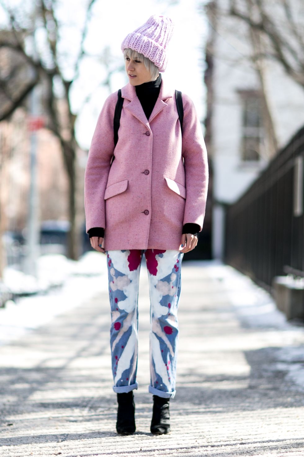 Clothing, Winter, Sleeve, Human body, Textile, Outerwear, Pink, Style, Street fashion, Purple, 