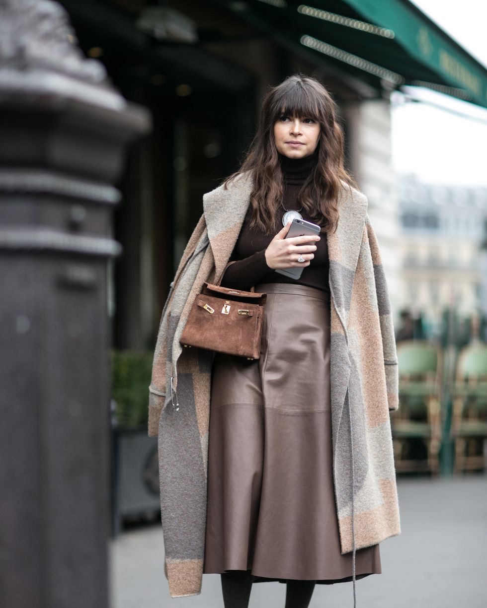 Clothing, Brown, Sleeve, Textile, Coat, Outerwear, Standing, Winter, Style, Street fashion, 