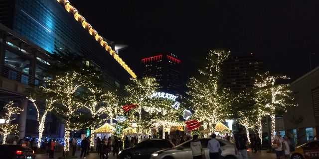 Night, Christmas lights, Sky, Light, Lighting, Tree, Metropolitan area, Christmas decoration, Urban area, Street light, 