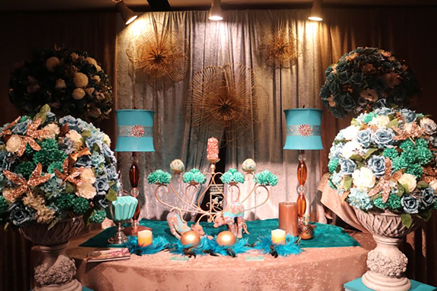 Turquoise, Teal, Event, Wedding reception, Party, Interior design, Room, Table, Wedding, Ceremony, 