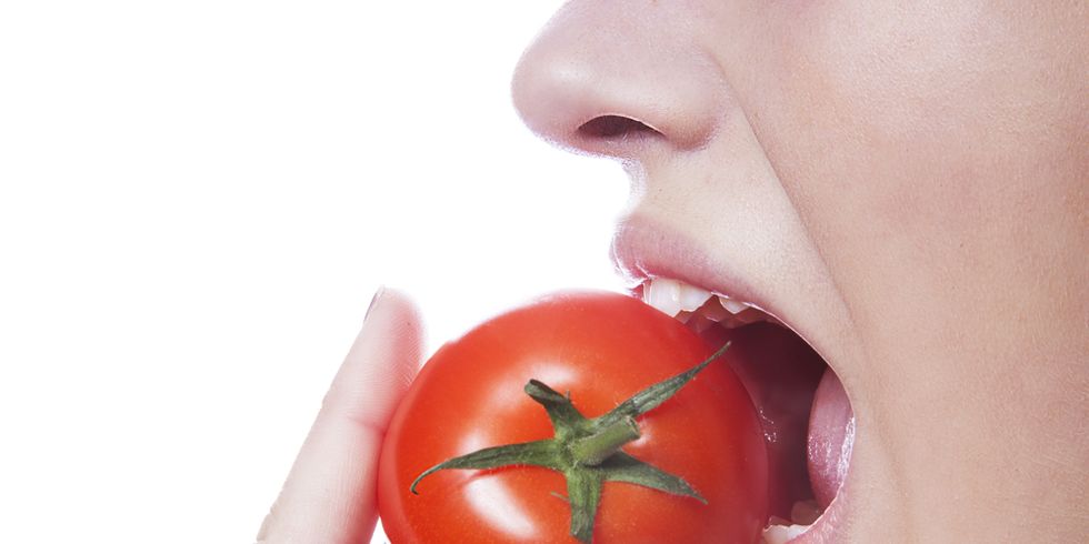 Finger, Lip, Cheek, Skin, Tomato, Vegetable, Produce, Plum tomato, Tooth, Jaw, 