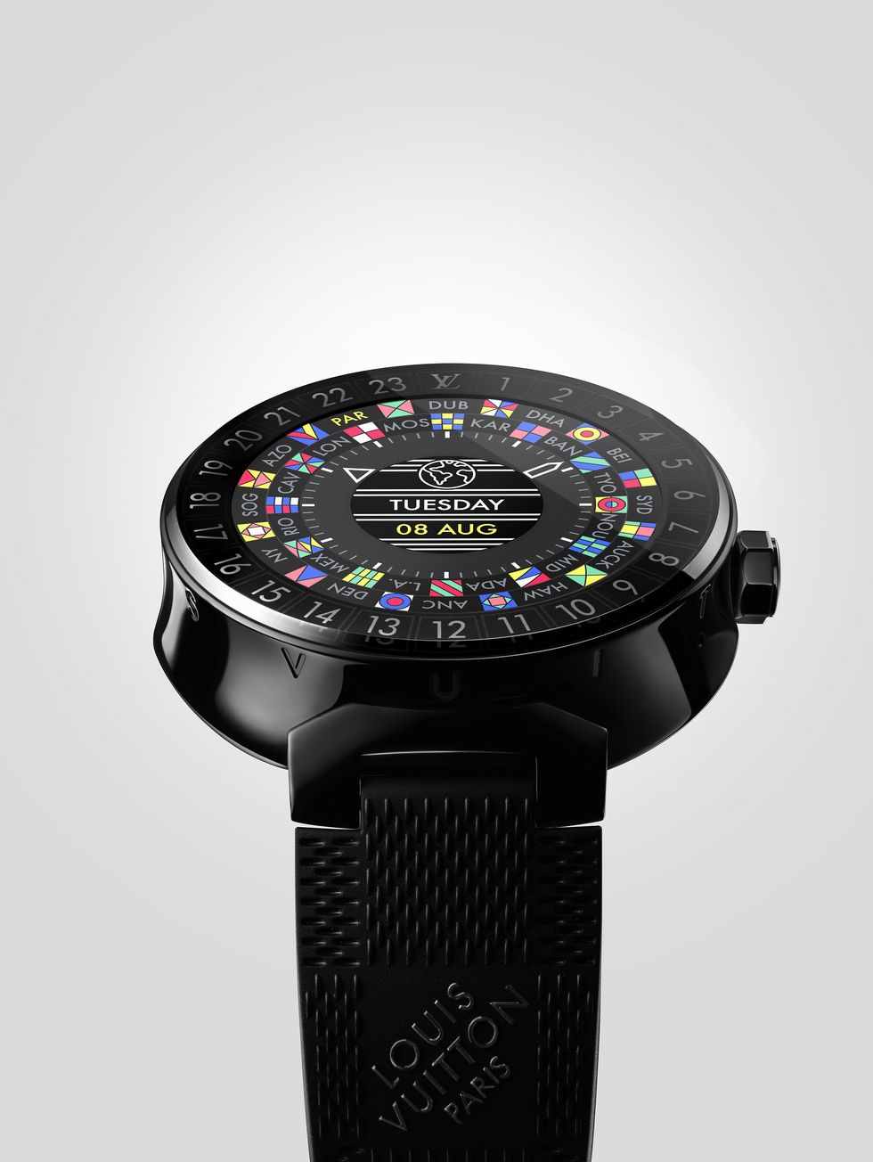 Product, Watch, Watch accessory, Gadget, Font, Technology, Colorfulness, Analog watch, Circle, Brand, 