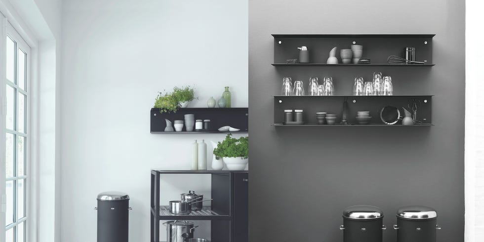 Room, Floor, Wall, Shelf, Shelving, Flooring, Fixture, Waste container, Grey, Black-and-white, 