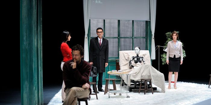 Stage, Drama, Scene, Conversation, Acting, heater, Curtain, Stool, Suit trousers, 