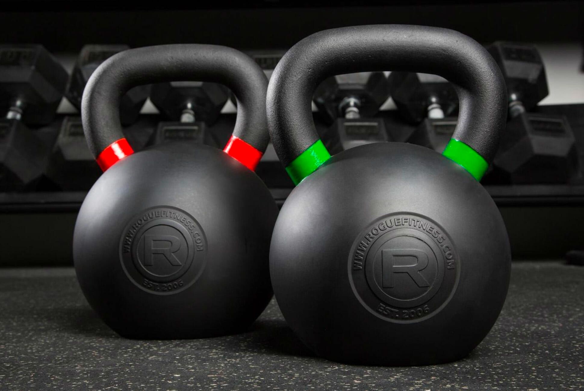 two rogue fitness powder coated steel kettlebells