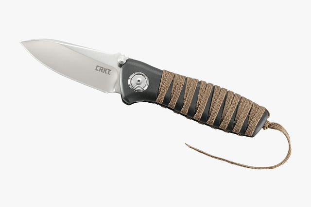 a folding pocket knife with a handle wrapped in brown cord