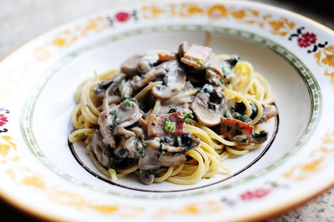 Picture of cooked pasta with bacon and mushrooms