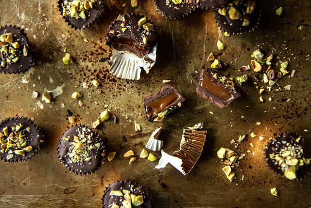 Chocolate Bourbon Caramel Cups with Salted Pistachios
