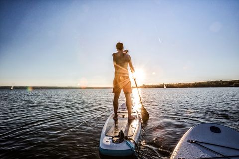 Water, Stand up paddle surfing, Recreation, Surface water sports, Fun, Summer, Vehicle, Vacation, Boating, Lake, 