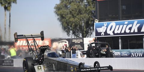 Tony Schumacher hasn't been in any NHRA Top Fuel races since last year's season-finale at Pomona.
