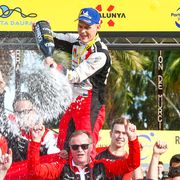 Ott Tanak celebrates his first WRC championship in Spain on Sunday.
