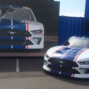 Ford's Mark Rushbrook shows off the 2020 NASCAR Xfinity Mustang on Thursday in Michigan.
