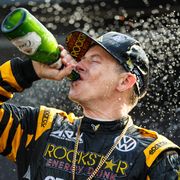 Tanner Foust celebrates his fourth rallycross championship.
