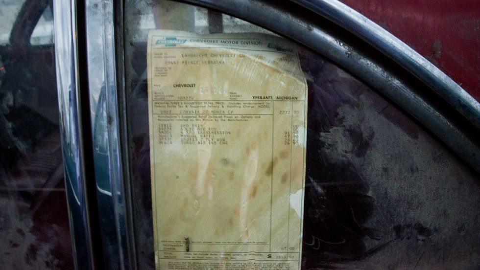 The Corvair Monza had its original build sheet still in the window.
