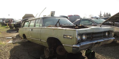 The Mercury sibling of the Ford Country Squire, spotted in a Silicon Valley self-service wrecking yard.