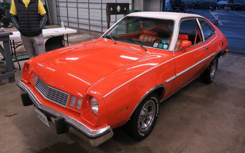 This restored 1978 Pinto, two-tone in Tangerine and Polar White paint, features turbocharged Thunderbird Turbo Coupe power.
