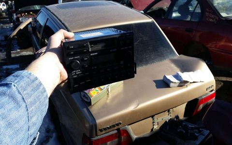 Preparations for the Junkyard Boombox Building Party began with visits to local wrecking yards on Half Off and All You Can Carry Sale days. Here's a Volvo 850 radio.