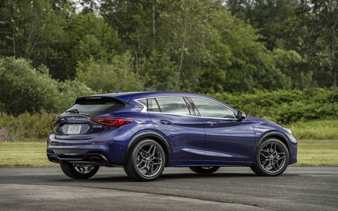 The 2018 Infiniti QX30 has a 2.0-liter four-cylinder engine making 208 hp and 258 lb-ft of torque.