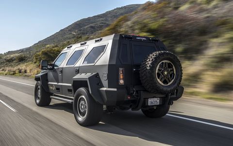 No, the Rhino GX is not bulletproof, but it sure looks like it is. It rides on a Ford Super Duty chassis and looks ready to destroy the city... or at least cruise through it in attention-getting style.