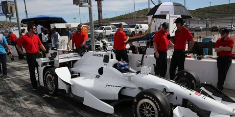 The No. 9 Honda of Scott Dixon sits on pit lane prior to the start of the Phoenix Open Test at Phoenix International Raceway Friday.