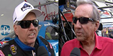 Mega team owners John Force and Don Schumacher had an interesting encounter on the starting line during the third qualifying session at the Circle K NHRA Winternationals.. 