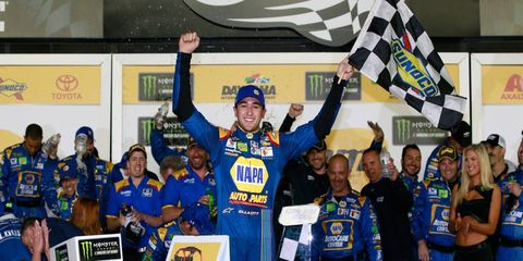 Chase Elliott celebrates his win in the first Can-Am Duel race Thursday night.