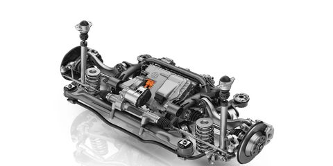 This full electric rear-drive module, complete with rear steer, fits in the same space as a familiar multilink rear suspension -- nearly everything you need to turn a front-drive compact into an all-wheel-drive plug-in.