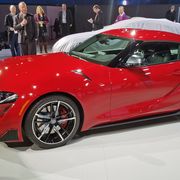 The 2020 Toyota Supra made its debut at the 2019 Detroit auto show. The new GT is powered by a 3.0-liter turbocharged inline-six motor mated to an eight-speed automatic transmission. Producing 335 hp and 365 lb-ft of torque, the Supra does 0-60 in 4.1 seconds and has a top speed of 155 mph.