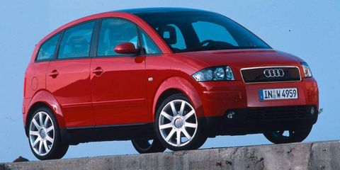 Audi is working to revive the A2, based on the new A1 that was revealed in Geneva. A 2002 model of the A2 is shown.