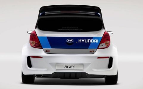 The Hyundai i20 WRC car from the rear.