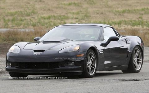 While the hood scoop indicates this is something other than an ordinary Z06, the real prize is under the hood where our spies heard the whine of what is most likely a supercharged 6.2-liter V8 pushing as much as 650 hp. The engine, which will be hand-built at a rate of 1500-2000 per year at the General Motors Performance Center outside Detroit, features an integrated intake manifold intercooler similar to the one GM developed for the Cadillac STS V-Series.