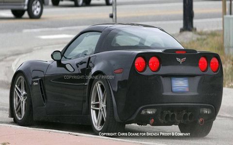 While the hood scoop indicates this is something other than an ordinary Z06, the real prize is under the hood where our spies heard the whine of what is most likely a supercharged 6.2-liter V8 pushing as much as 650 hp. The engine, which will be hand-built at a rate of 1500-2000 per year at the General Motors Performance Center outside Detroit, features an integrated intake manifold intercooler similar to the one GM developed for the Cadillac STS V-Series.