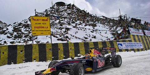 Neel Jani drives the Red Bull Racing Formula One show car through the Khardung-La pass in the Himalayas in India on Oct. 9.