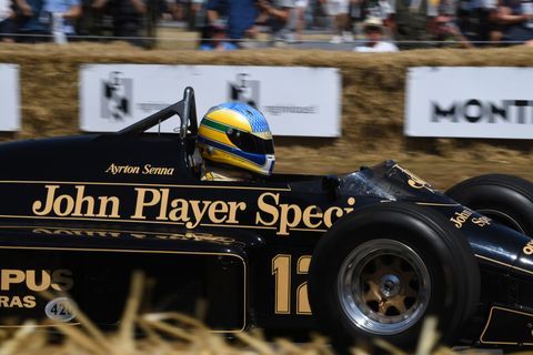 Ayrton Senna's Lotus 97T #12 John Player Special makes an appearance, driven by Senna's former chief mechanic, Chris Dinnage.