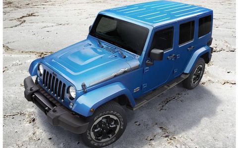 A unique decal featuring the outline of mountains graces the hood on the 2014 Jeep Wrangler Polar Edition.